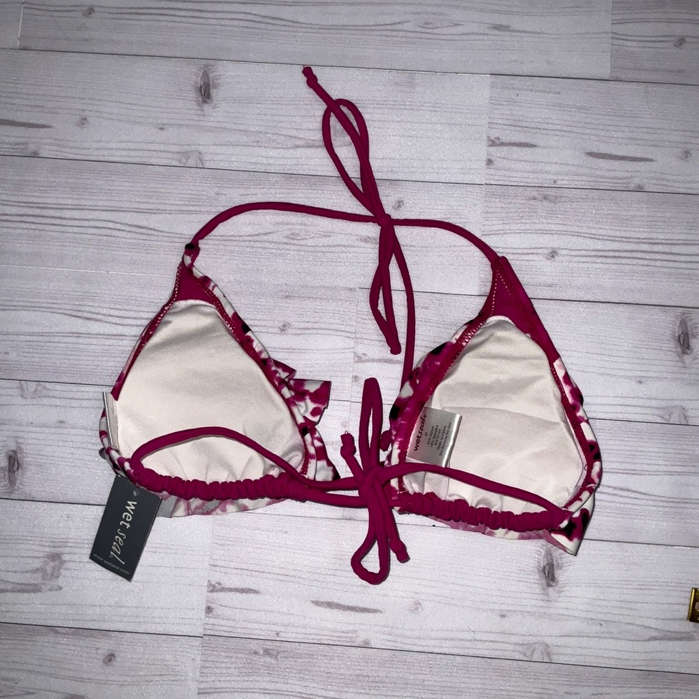 NEW WET SEAL Tie-Dye Bikini Set Pink White Ruffle Triangle Top Side Tie Bottom M - Picture 6 of 13